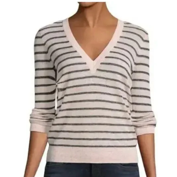 Veronica Beard Dean Striped Linen Blend V-Neck Sweater Pink/Black Women's Size S - Picture 1 of 6